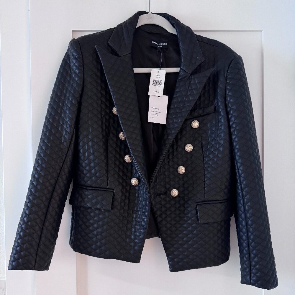 Generation Love Black Quilted Vegan Leather Blazer Gold Buttons Size L NWT